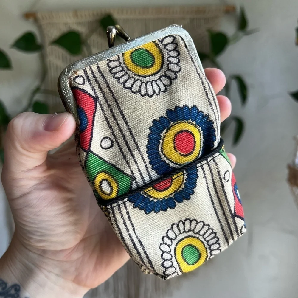 Vintage Canvas Coin Purse 70s Mod Floral Kiss Lock Wallet Boho Retro Pouch Bag